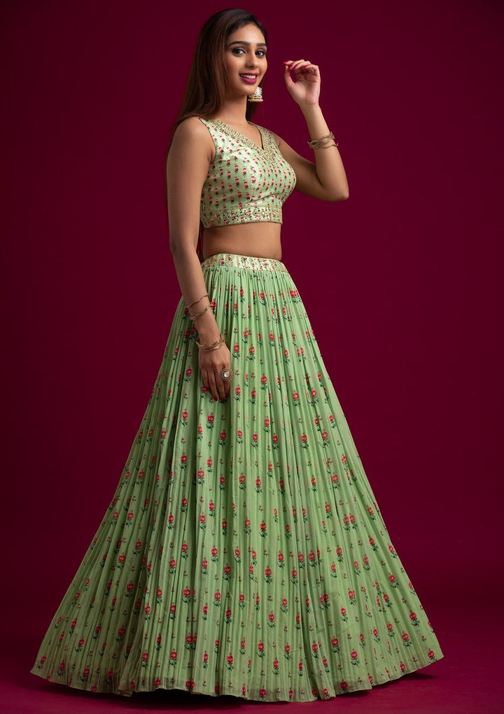 Parrot Green Mirrorwork Georgette Designer Lehenga - koskii