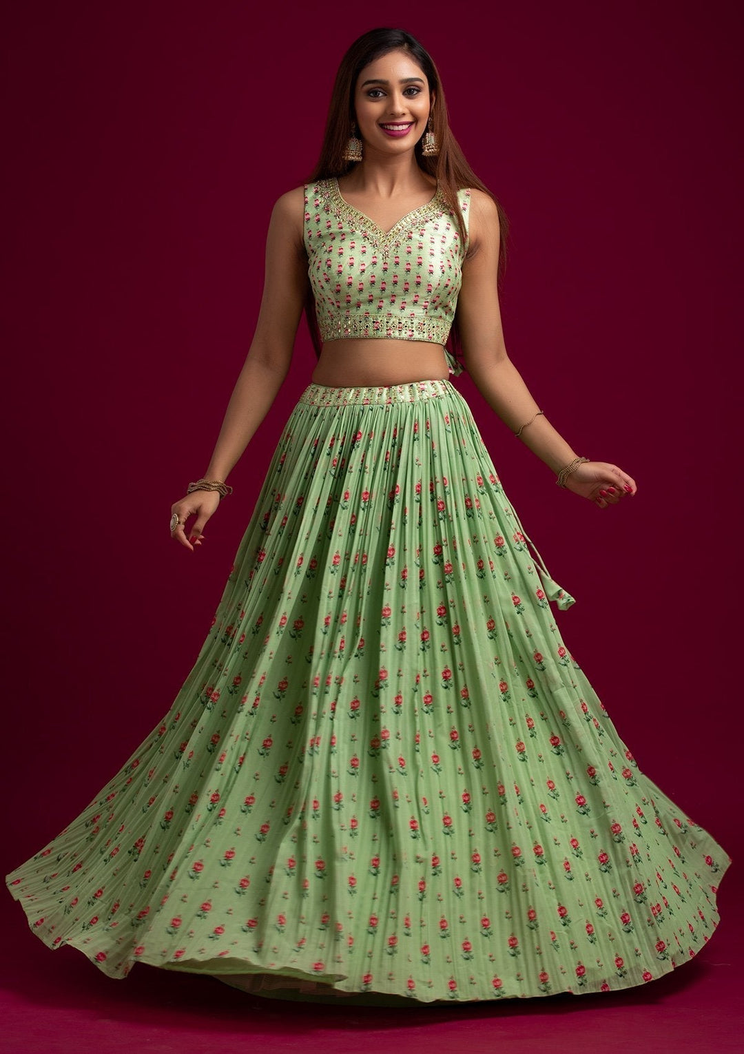 Parrot Green Mirrorwork Georgette Designer Lehenga - koskii
