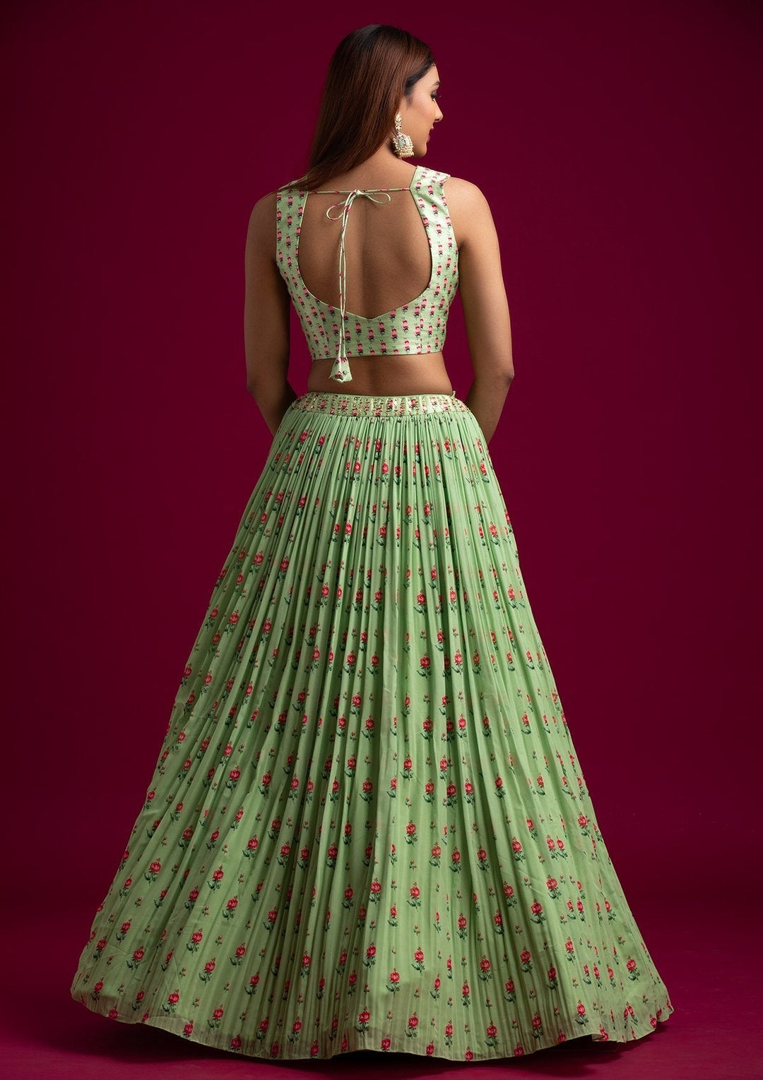 Parrot Green Mirrorwork Georgette Designer Lehenga - koskii
