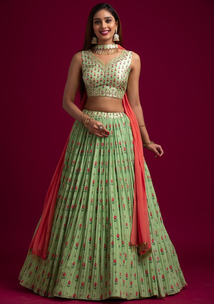 Parrot Green Mirrorwork Georgette Designer Lehenga - koskii