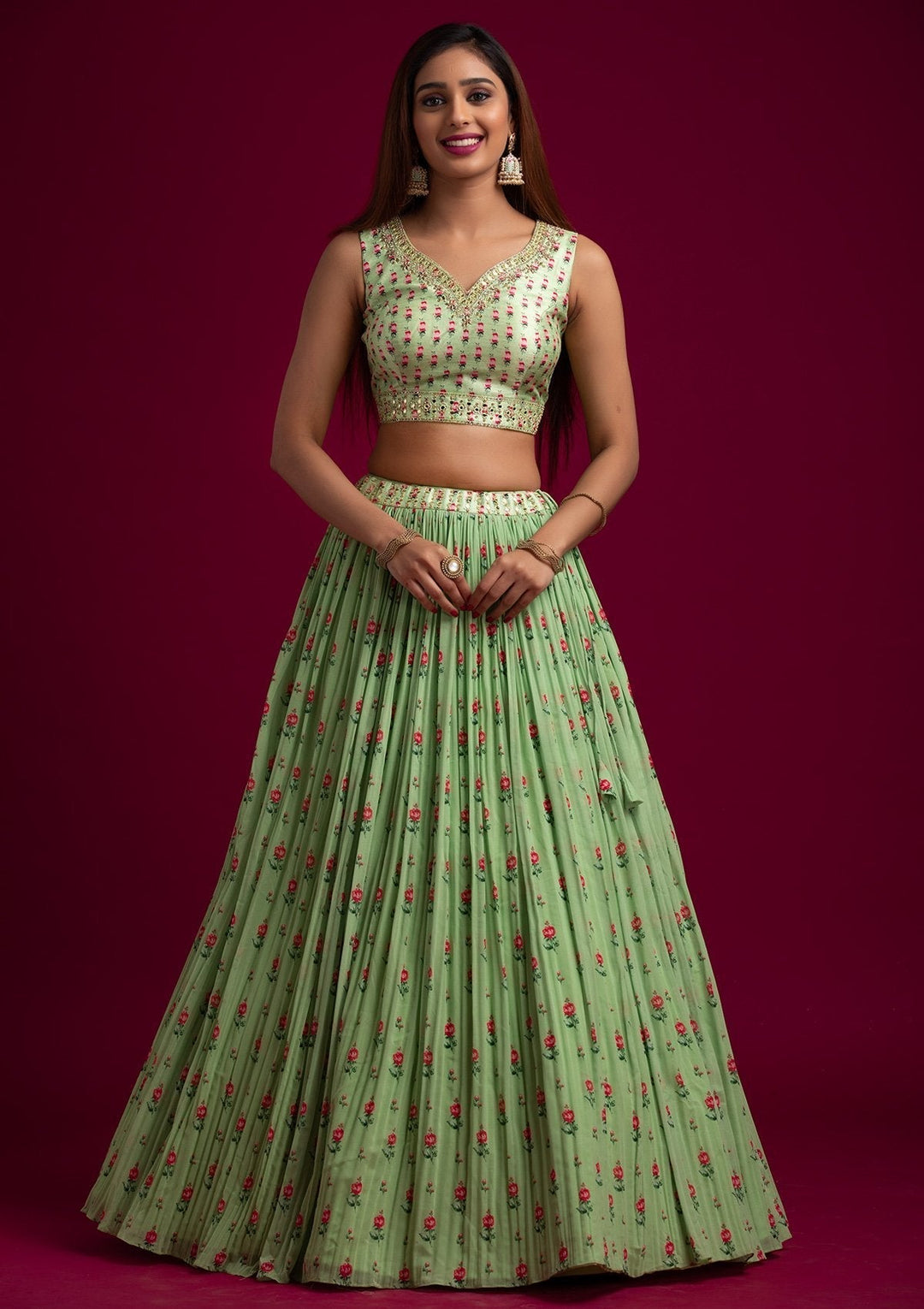 Parrot Green Mirrorwork Georgette Designer Lehenga - koskii