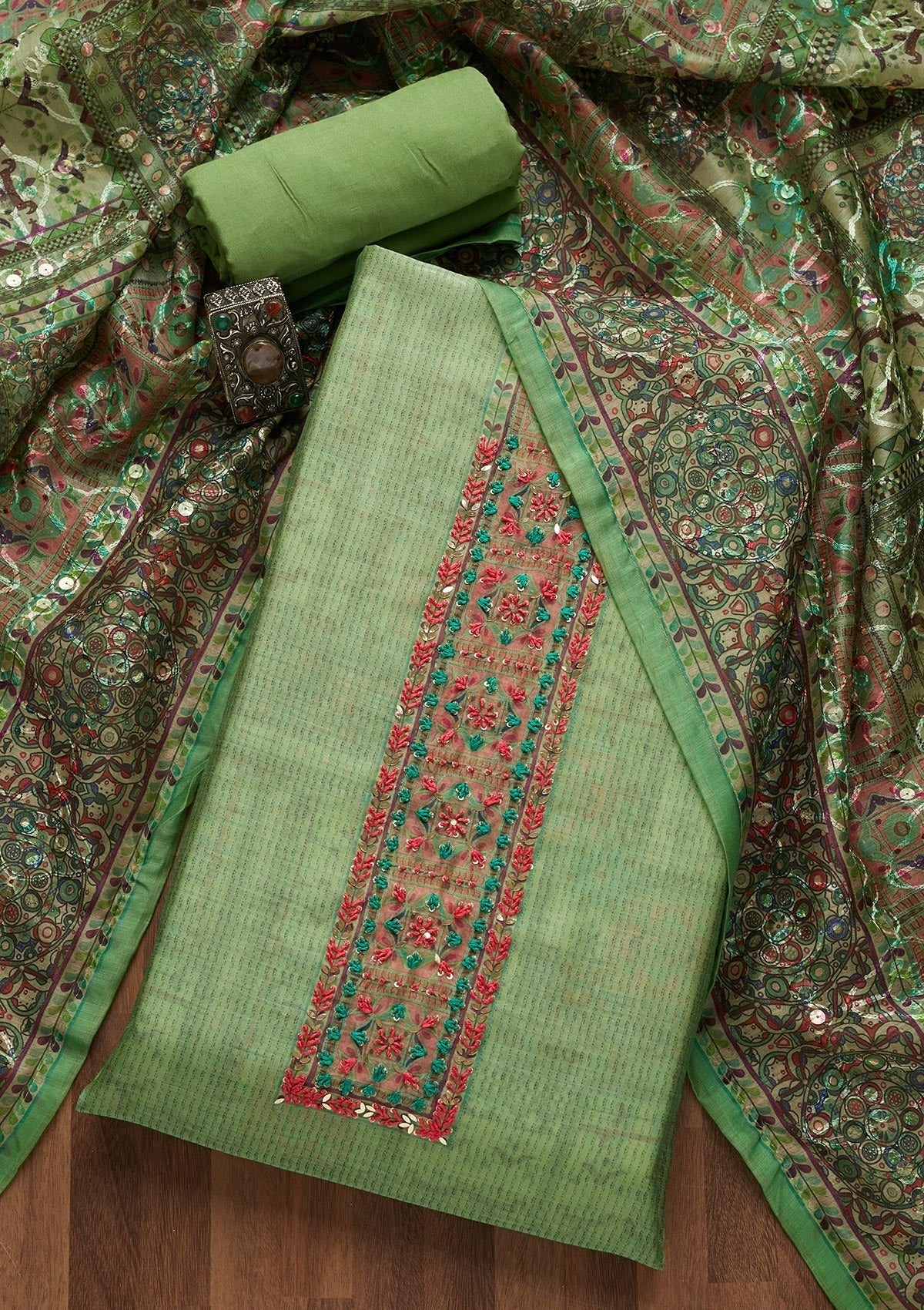 Parrot Green Sequins Chanderi Unstitched Salwar Suit- Koskii