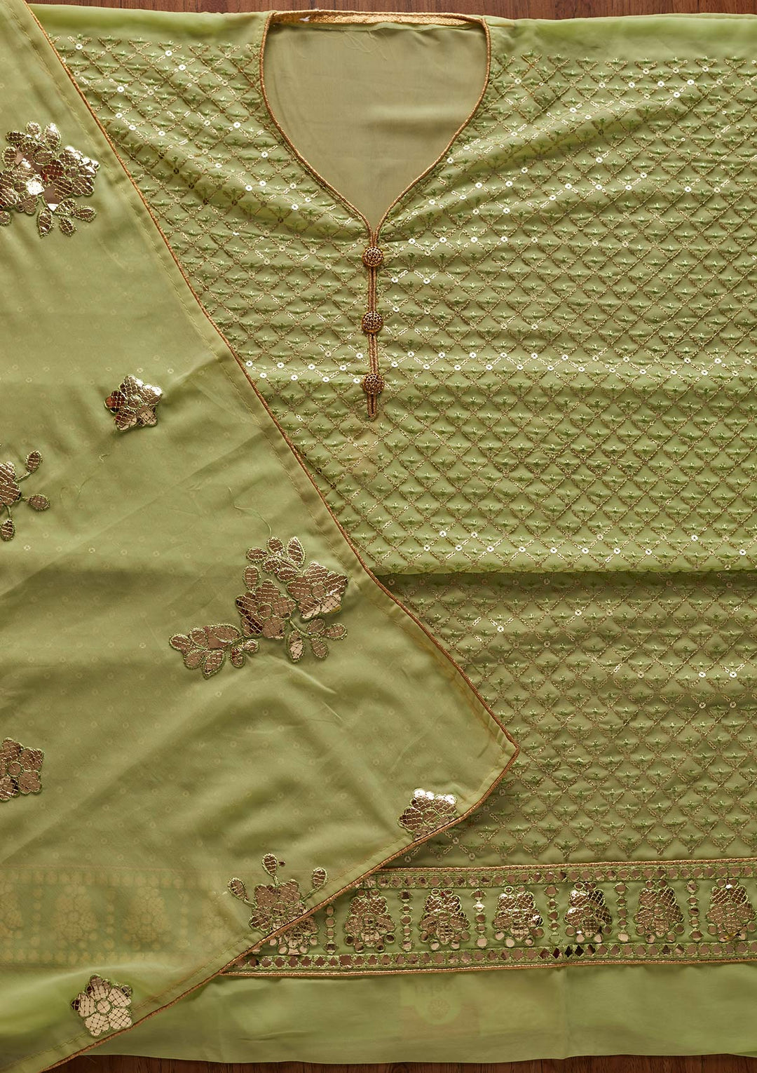 Parrot Green Sequins Georgette Designer Unstitched Salwar Suit - koskii