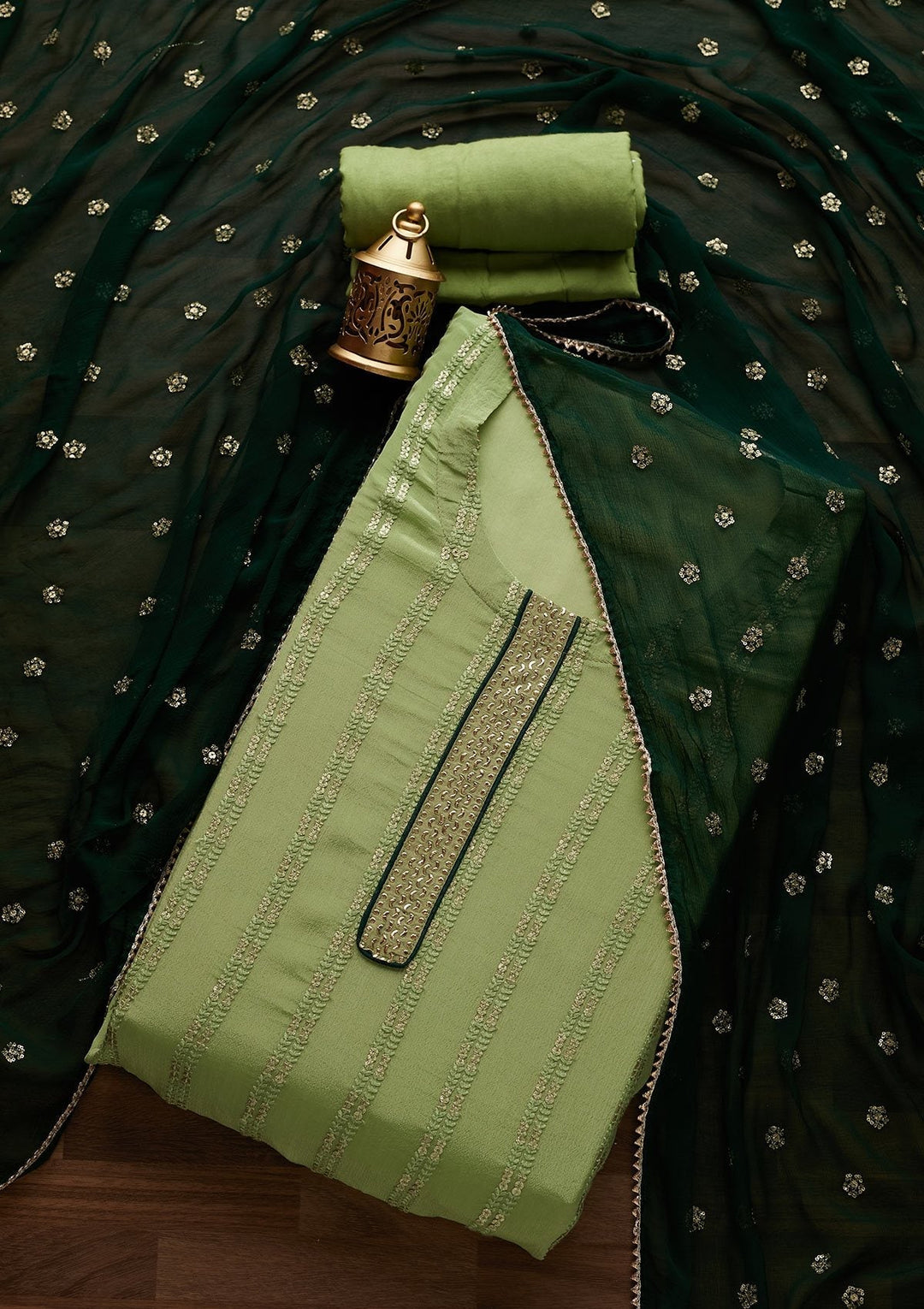 Parrot Green Sequins Georgette Designer Unstitched Salwar Suit - Koskii