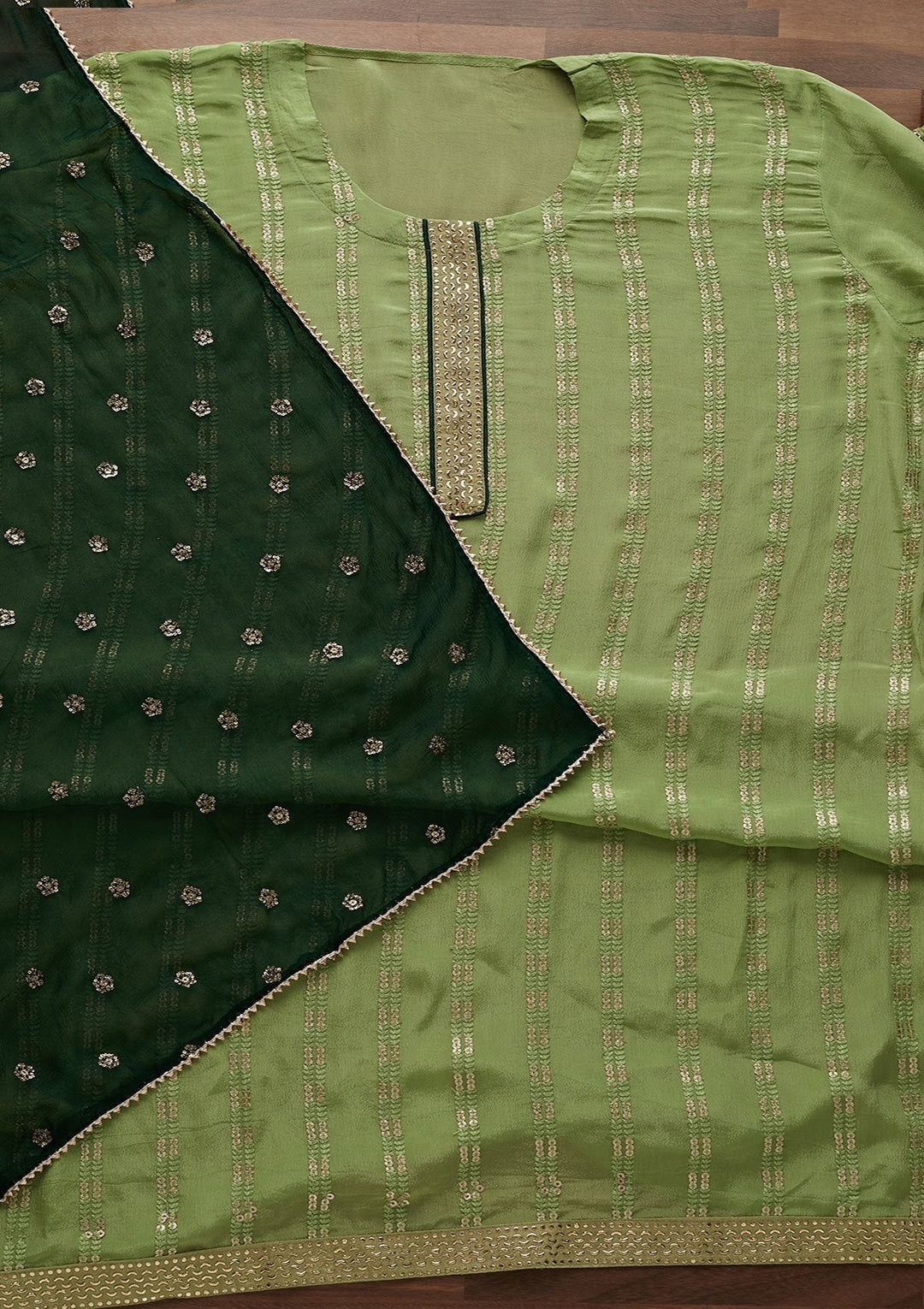 Parrot Green Sequins Georgette Designer Unstitched Salwar Suit - Koskii