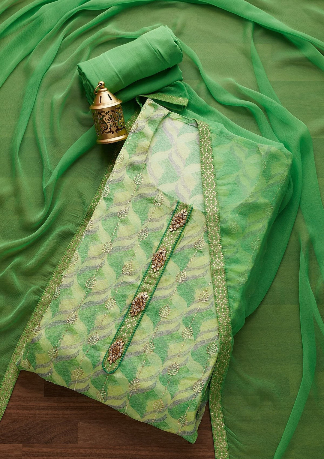 Parrot Green Sequins Georgette Designer Unstitched Salwar Suit - Koskii