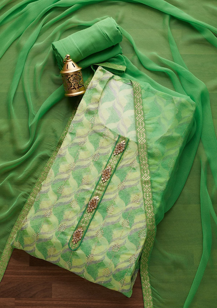 Parrot Green Sequins Georgette Designer Unstitched Salwar Suit - Koskii
