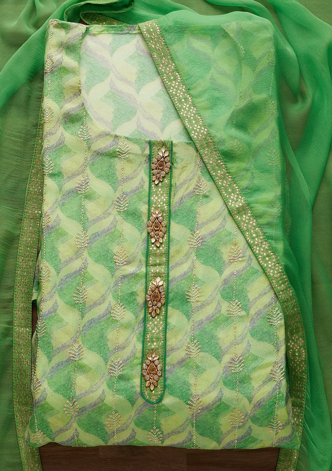 Parrot Green Sequins Georgette Designer Unstitched Salwar Suit - Koskii