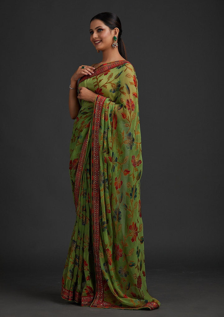 Parrot Green Sequins Georgette Designer Saree - koskii