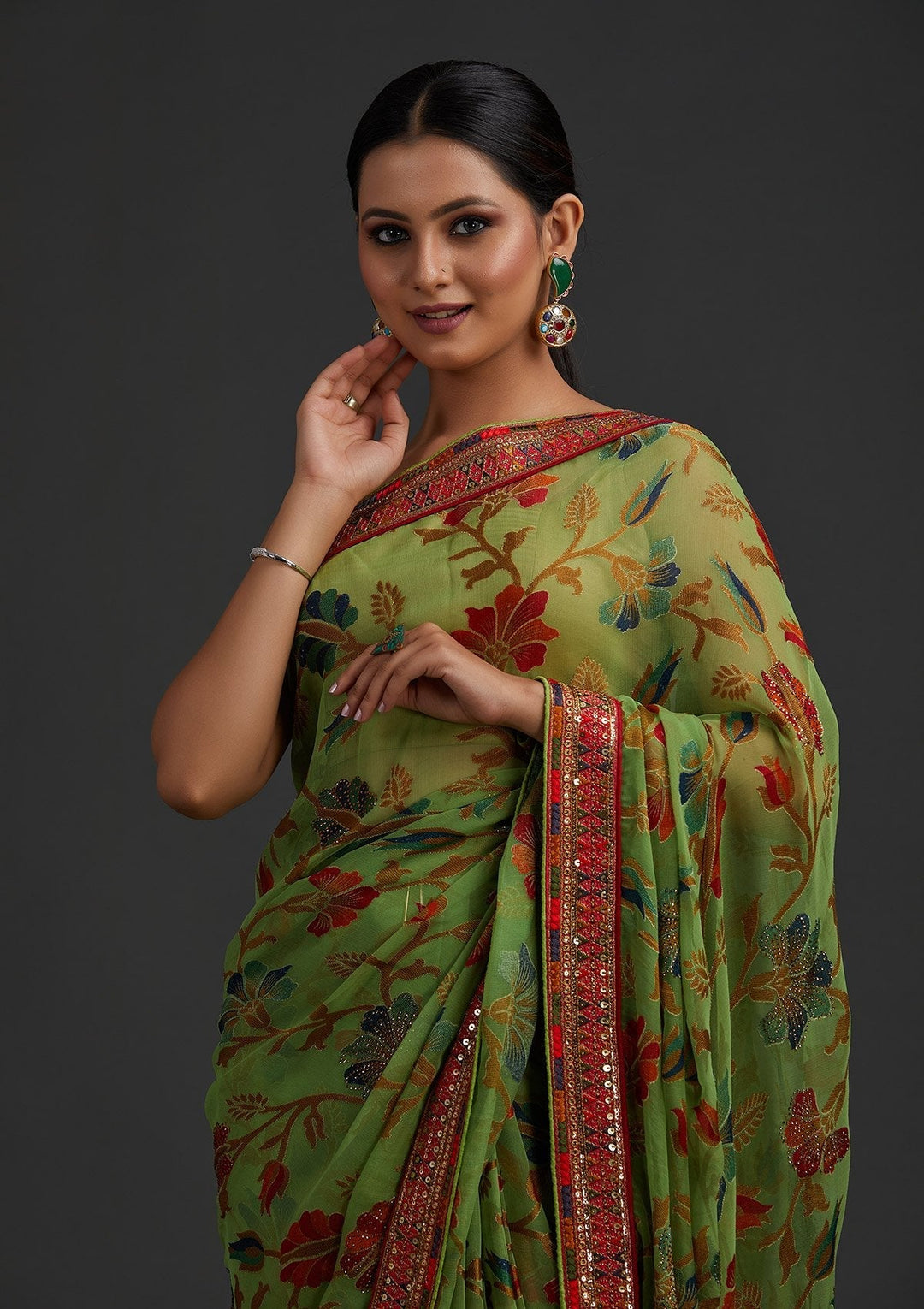Parrot Green Sequins Georgette Designer Saree - koskii
