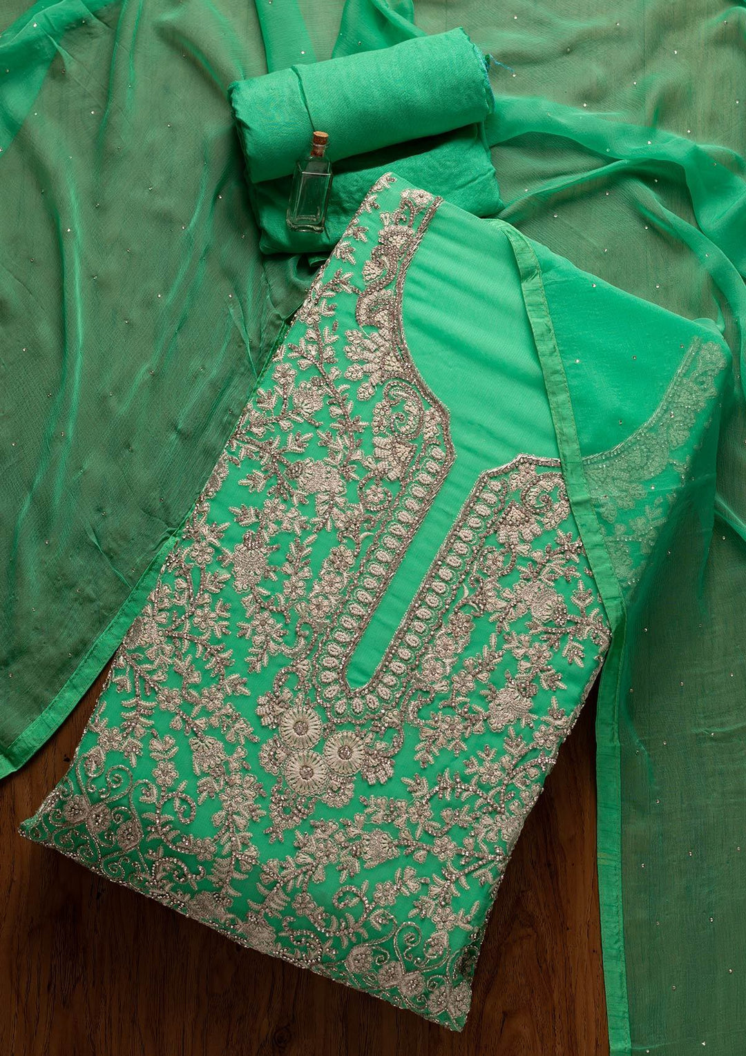 Parrot Green Silver Stonework Georgette Designer Unstitched Salwar Suit - koskii