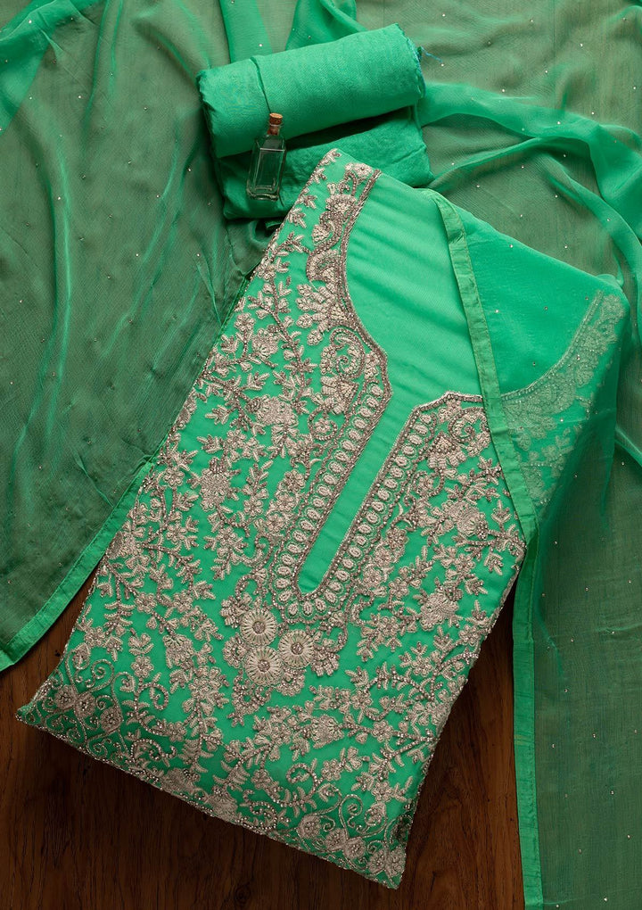 Parrot Green Silver Stonework Georgette Designer Unstitched Salwar Suit - koskii