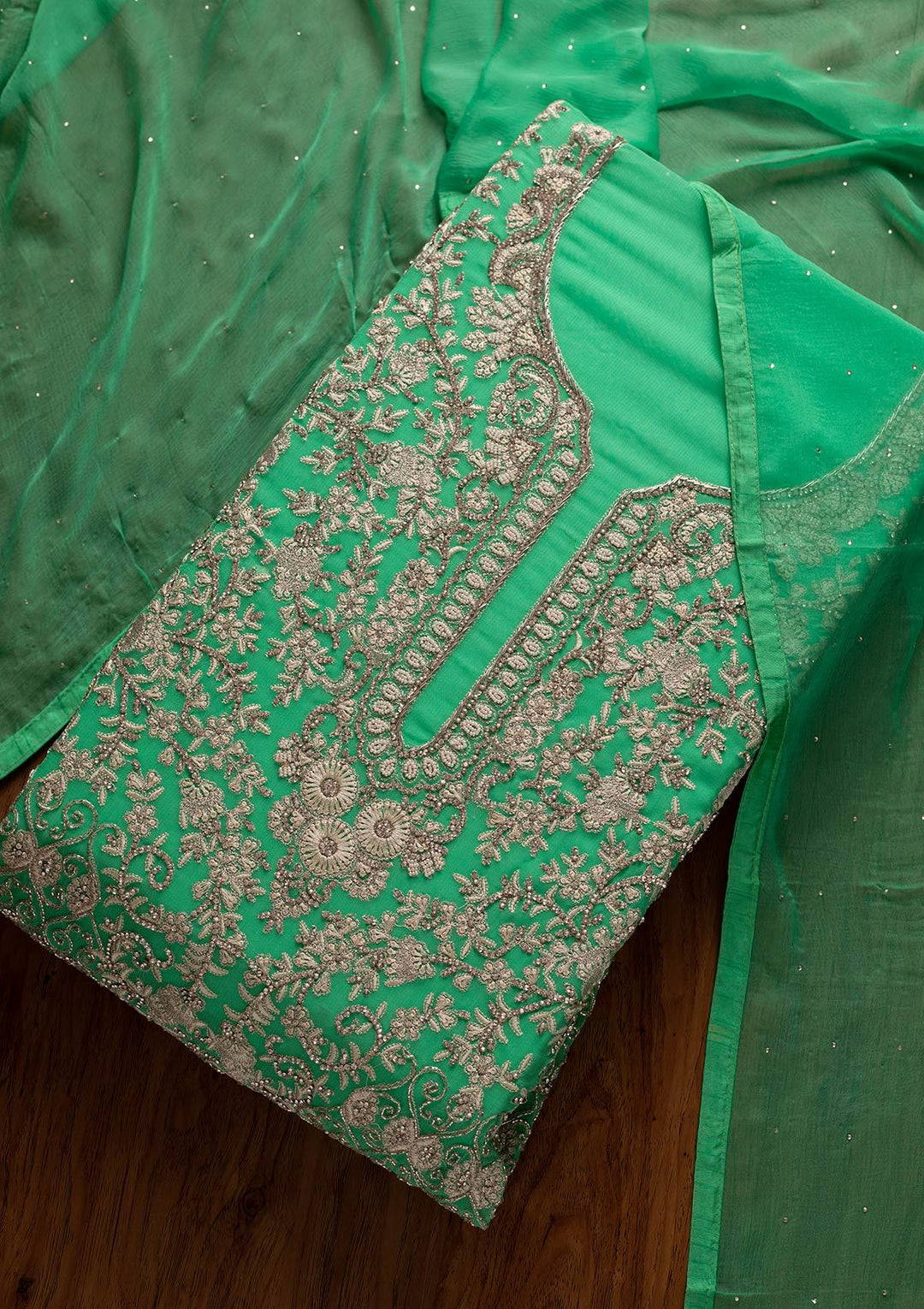 Parrot Green Silver Stonework Georgette Designer Unstitched Salwar Suit - koskii