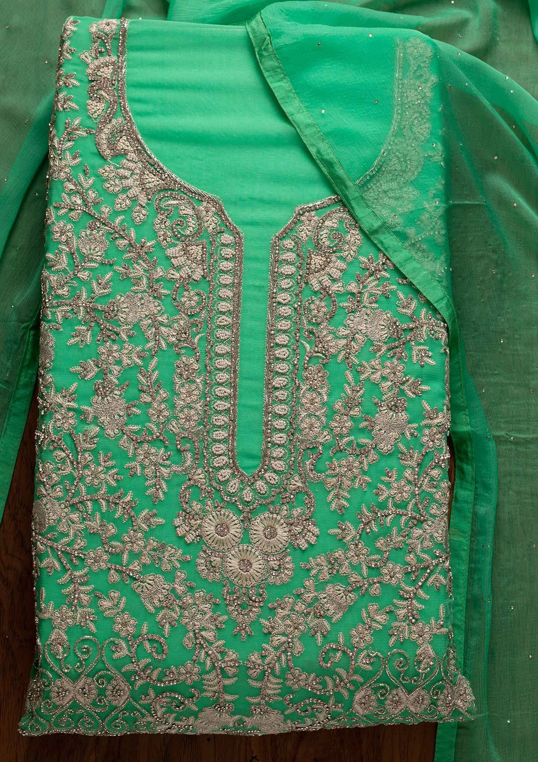 Parrot Green Silver Stonework Georgette Designer Unstitched Salwar Suit - koskii