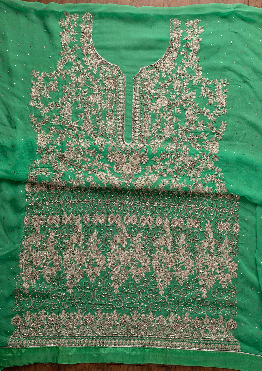 Parrot Green Silver Stonework Georgette Designer Unstitched Salwar Suit - koskii