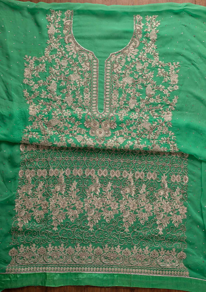 Parrot Green Silver Stonework Georgette Designer Unstitched Salwar Suit - koskii