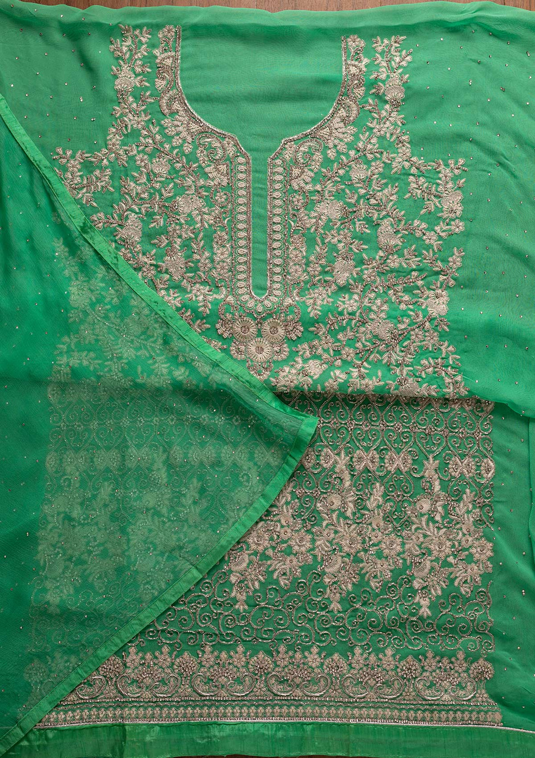 Parrot Green Silver Stonework Georgette Designer Unstitched Salwar Suit - koskii