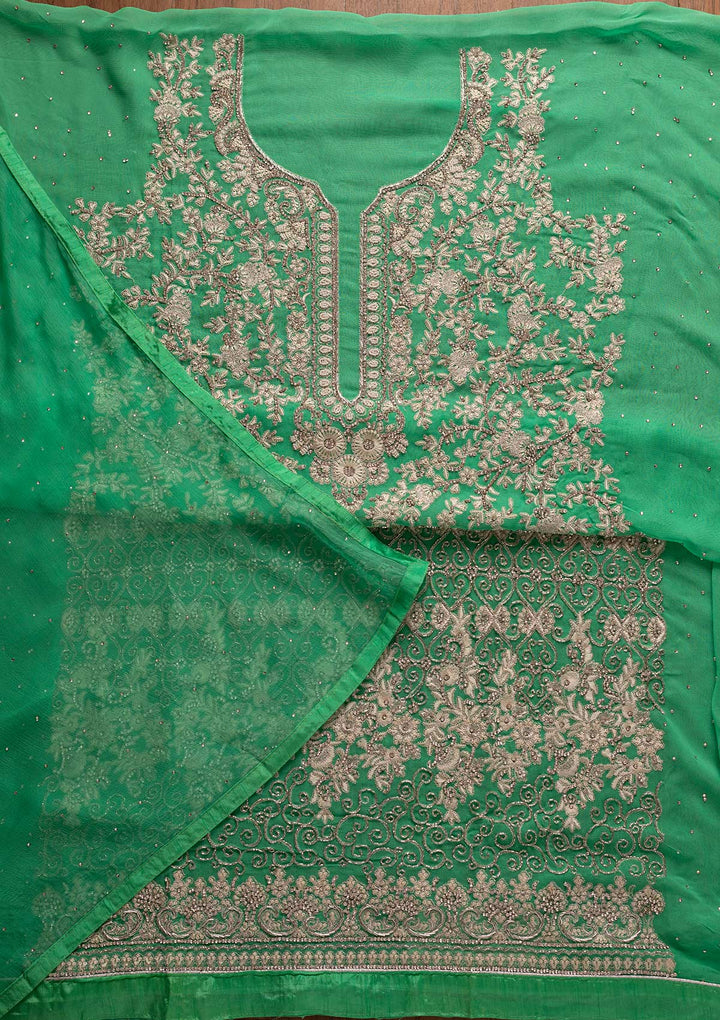 Parrot Green Silver Stonework Georgette Designer Unstitched Salwar Suit - koskii