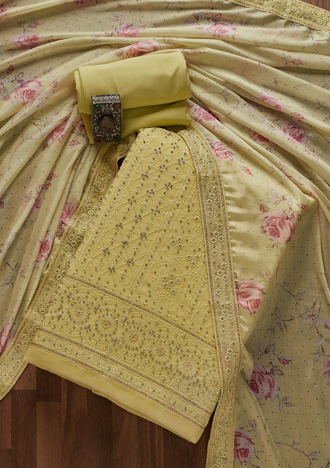Parrot Green Silver Stonework Georgette Designer Unstitched Salwar Suit - Koskii