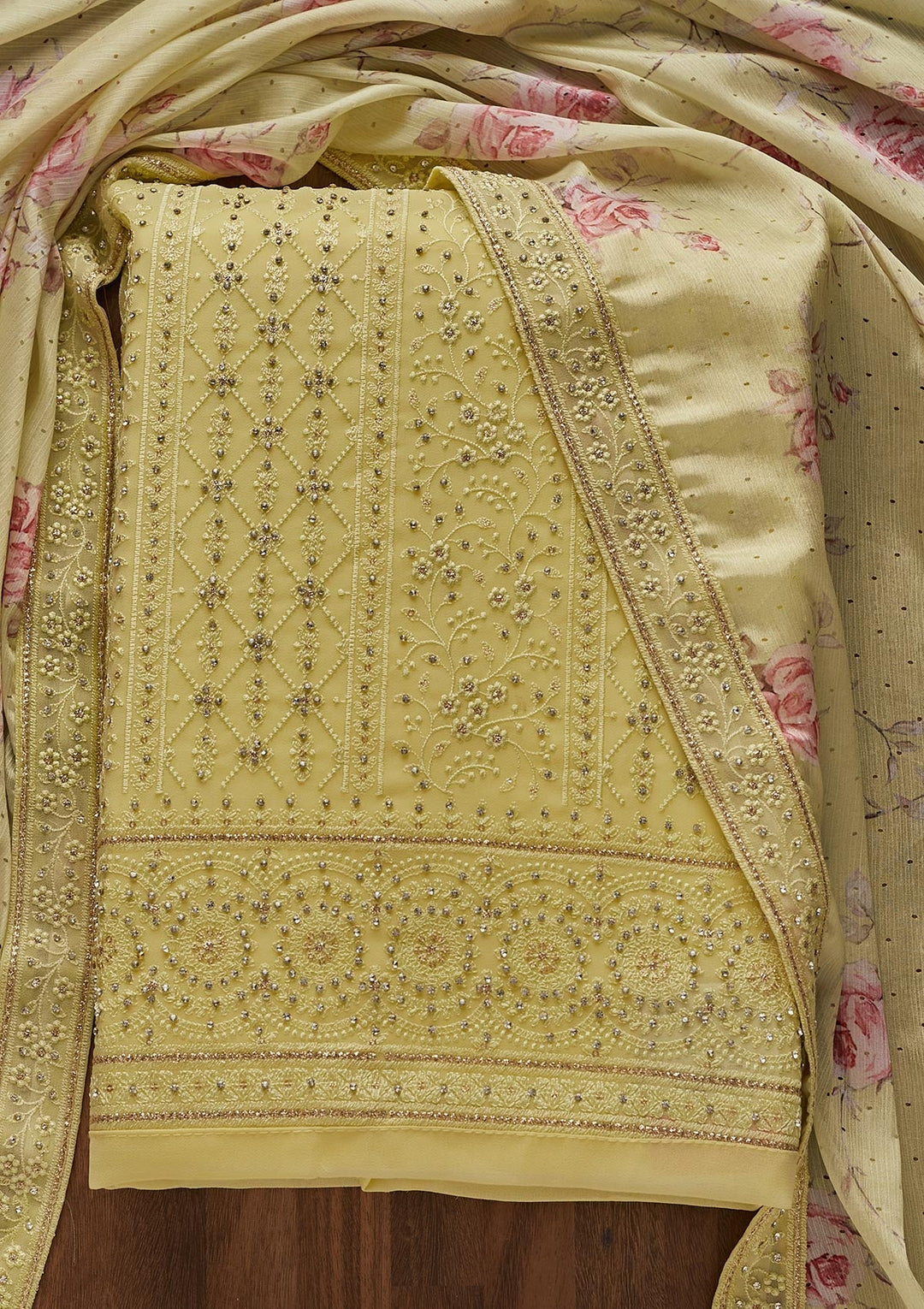 Parrot Green Silver Stonework Georgette Designer Unstitched Salwar Suit - Koskii