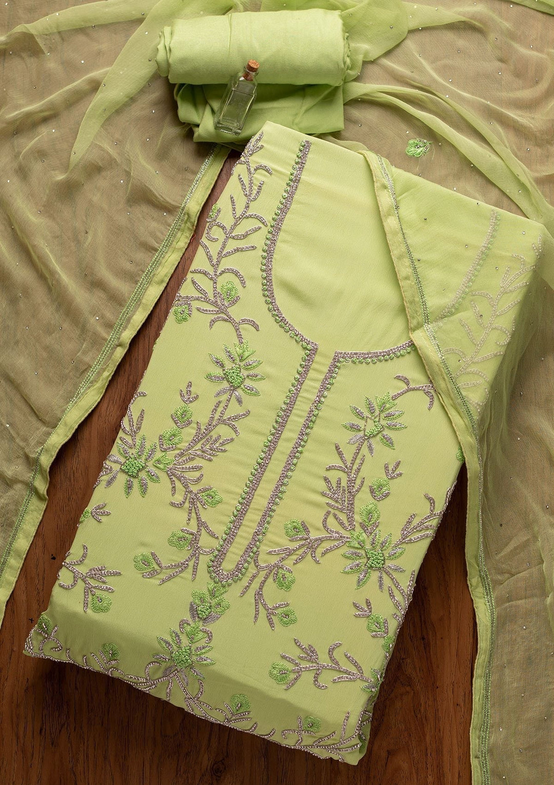 Parrot Green Silver Stonework Semi Crepe Designer Unstitched Salwar Suit - koskii