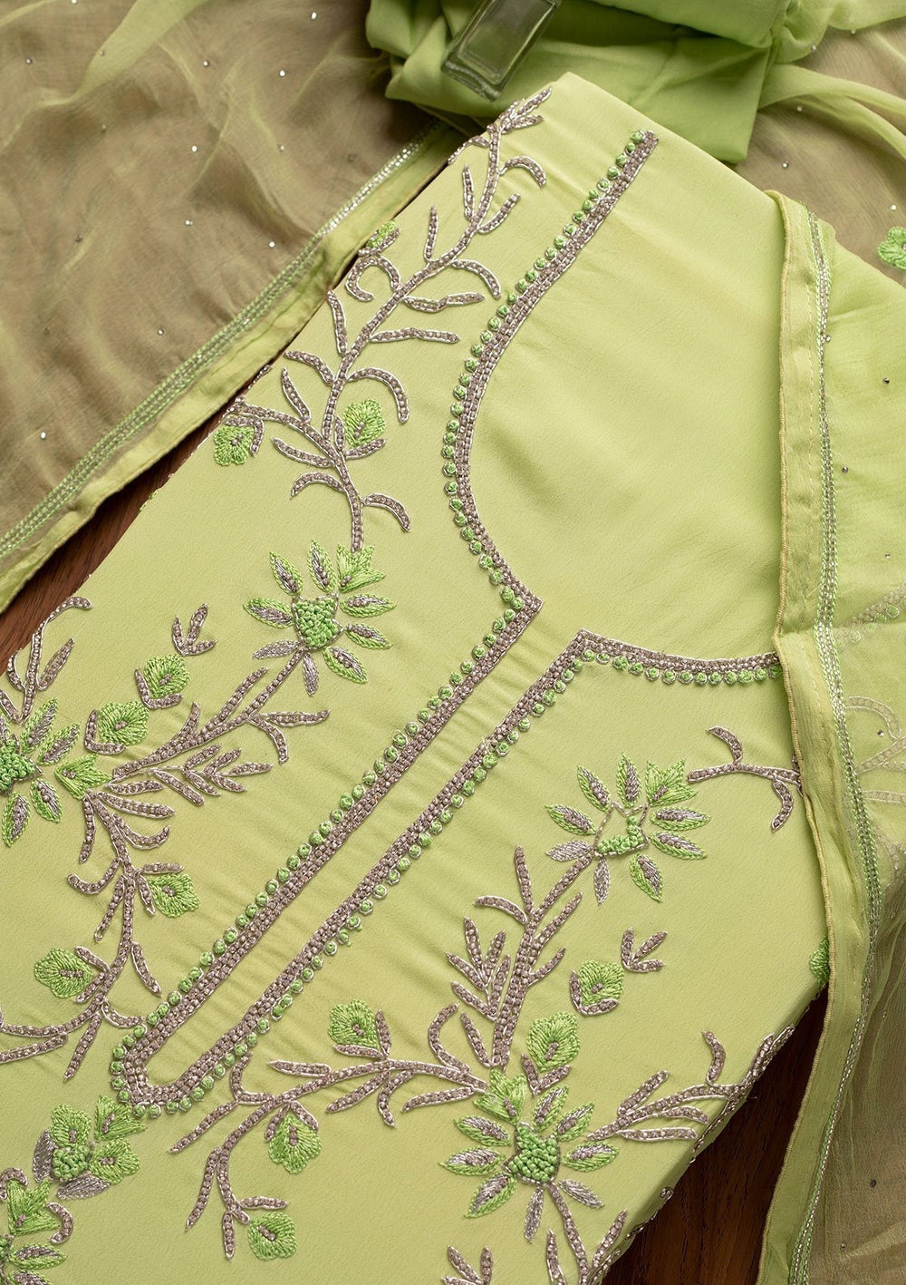 Parrot Green Silver Stonework Semi Crepe Designer Unstitched Salwar Suit - koskii