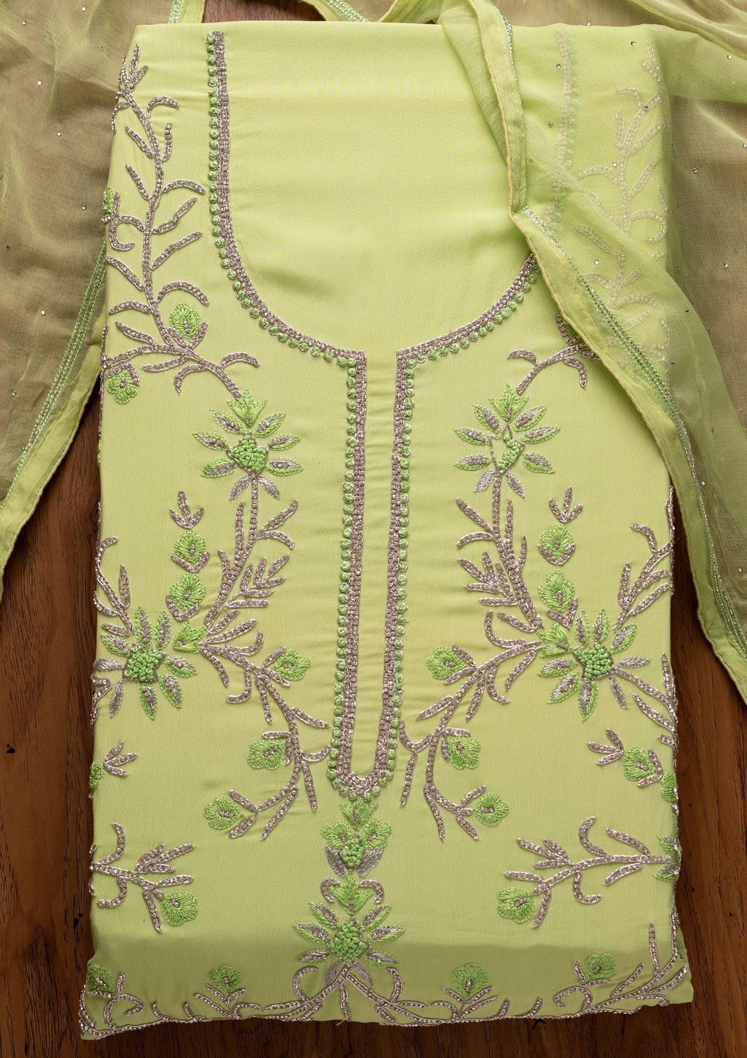 Parrot Green Silver Stonework Semi Crepe Designer Unstitched Salwar Suit - koskii