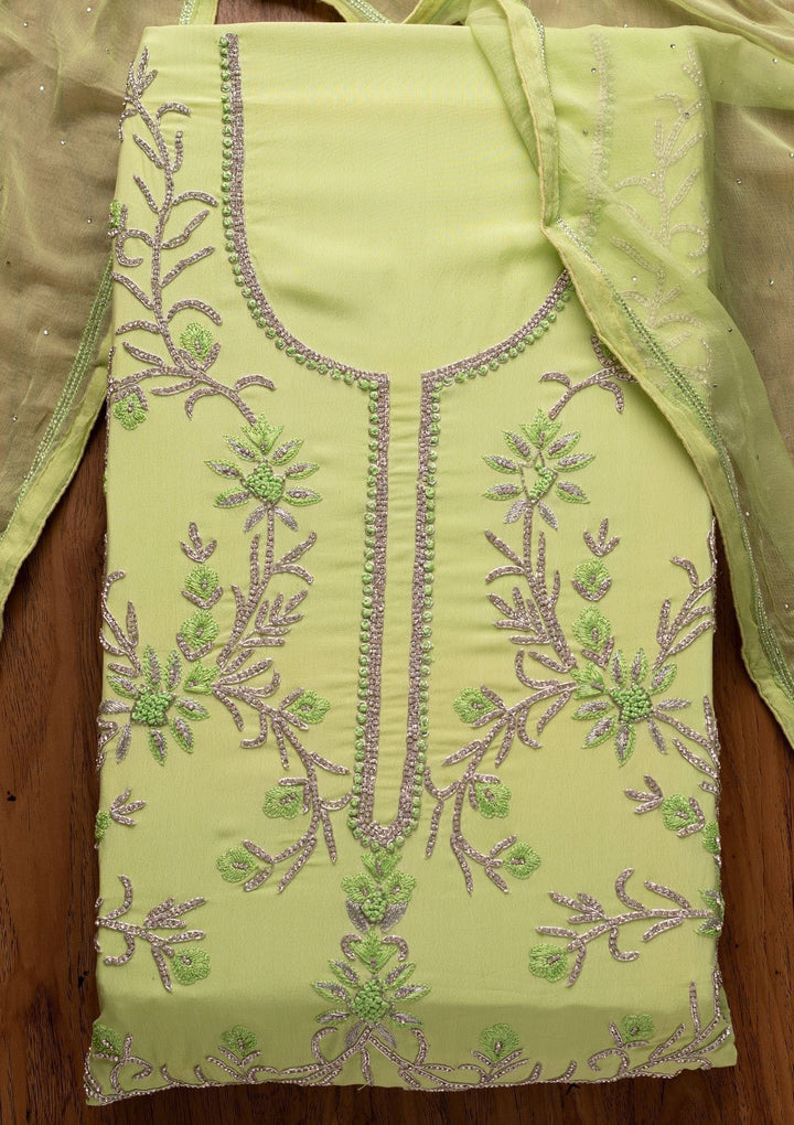 Parrot Green Silver Stonework Semi Crepe Designer Unstitched Salwar Suit - koskii
