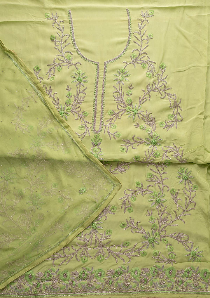 Parrot Green Silver Stonework Semi Crepe Designer Unstitched Salwar Suit - koskii
