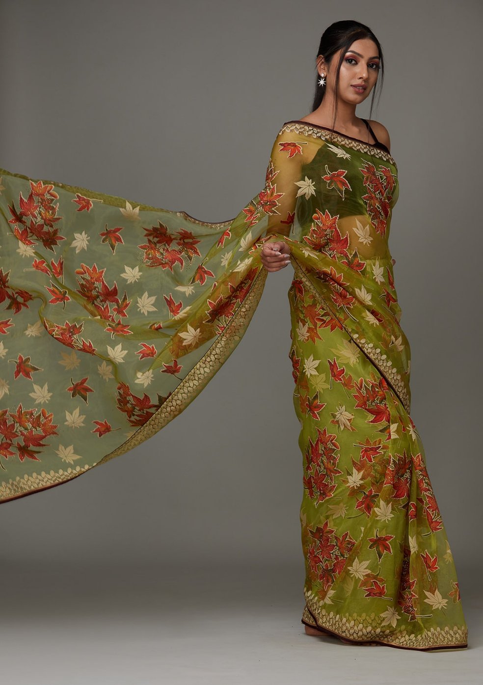 Parrot Green Swarovski Shimmer Saree- Koskii