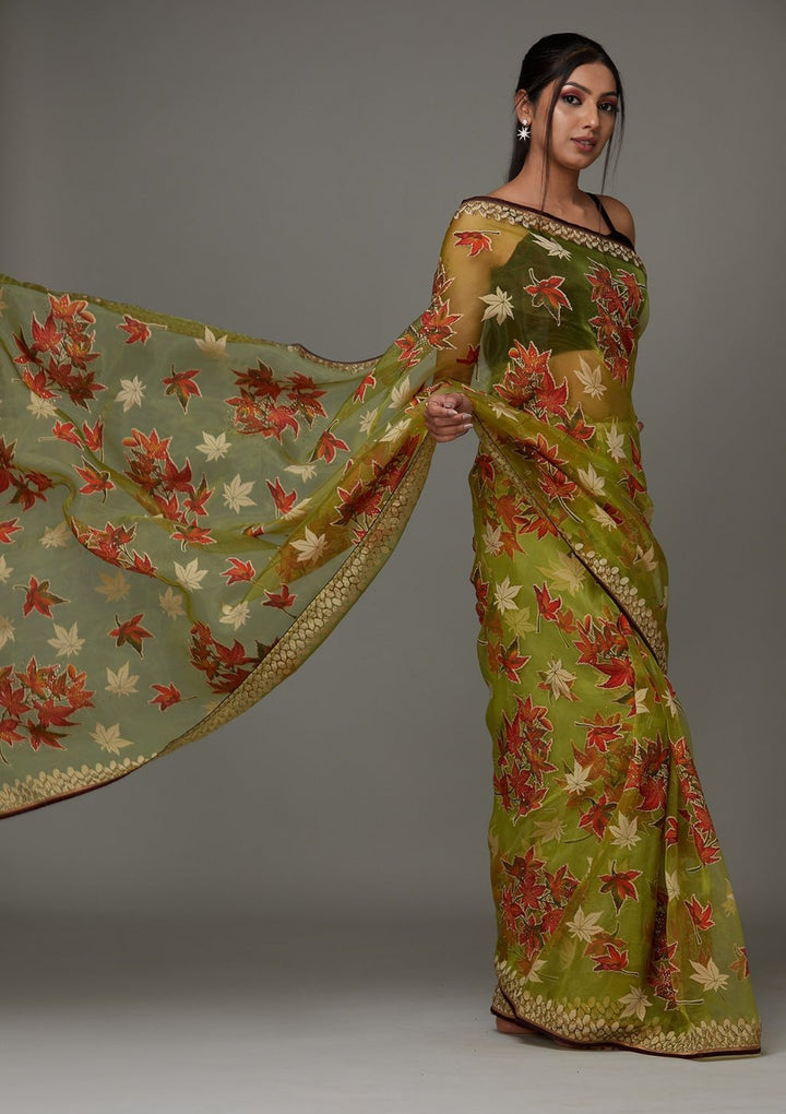Parrot Green Swarovski Shimmer Saree- Koskii