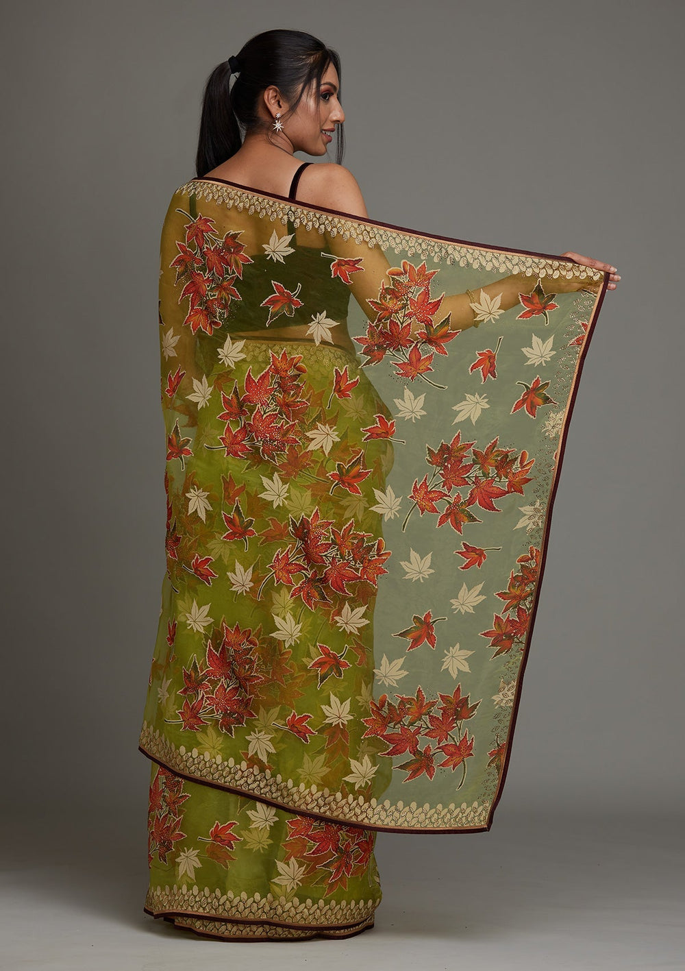 Parrot Green Swarovski Shimmer Saree - Koskii