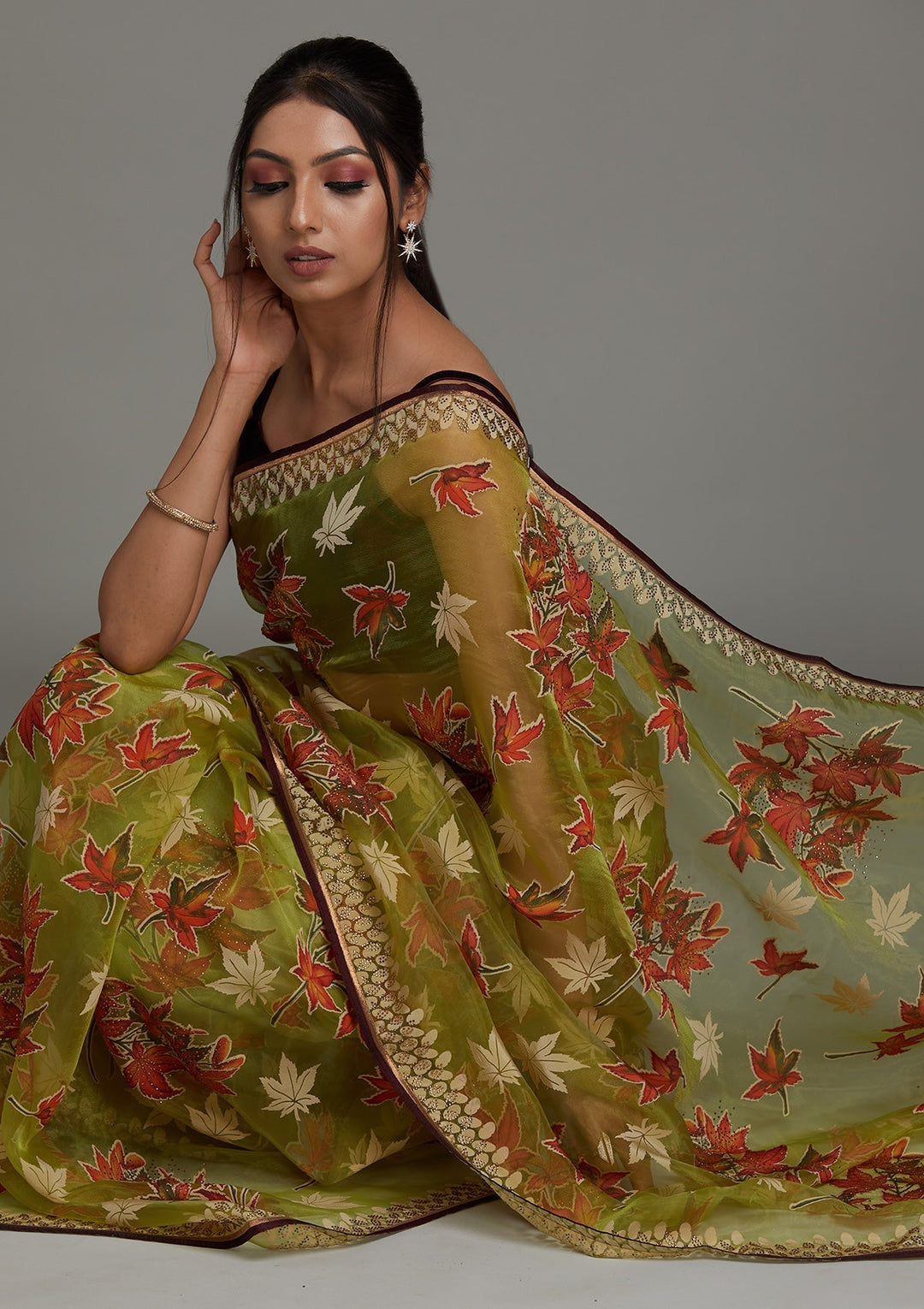 Parrot Green Swarovski Shimmer Saree - Koskii