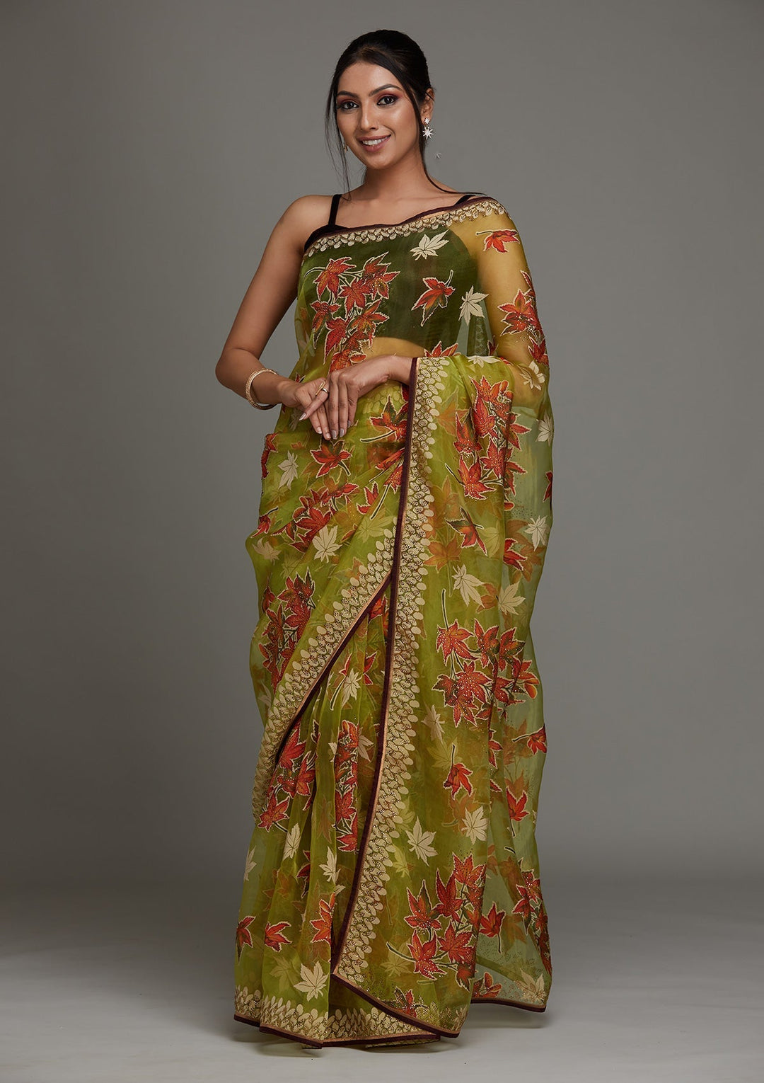 Parrot Green Swarovski Shimmer Saree - Koskii