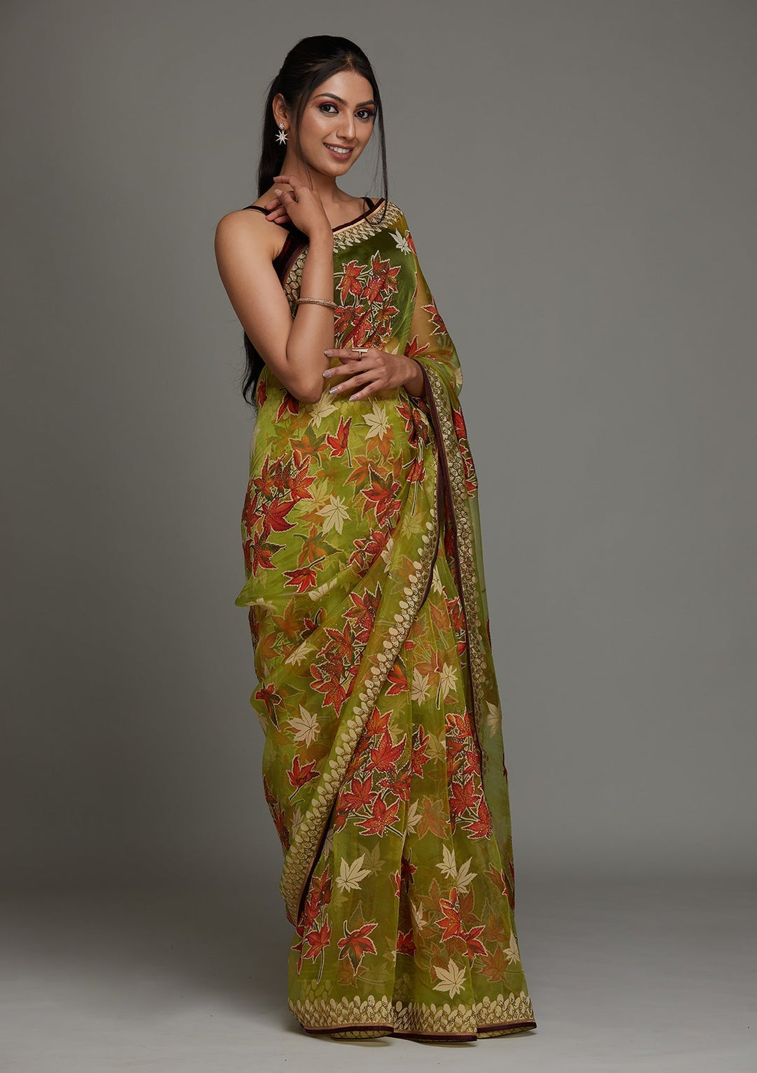 Parrot Green Swarovski Shimmer Saree - Koskii