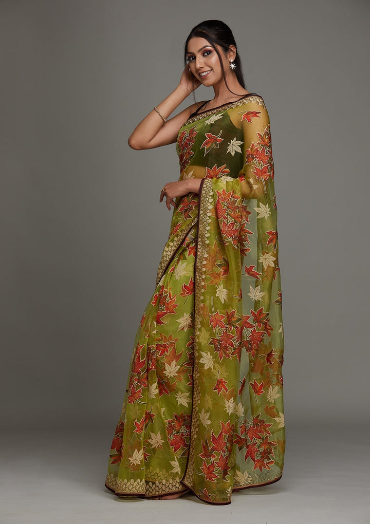 Parrot Green Swarovski Shimmer Saree - Koskii