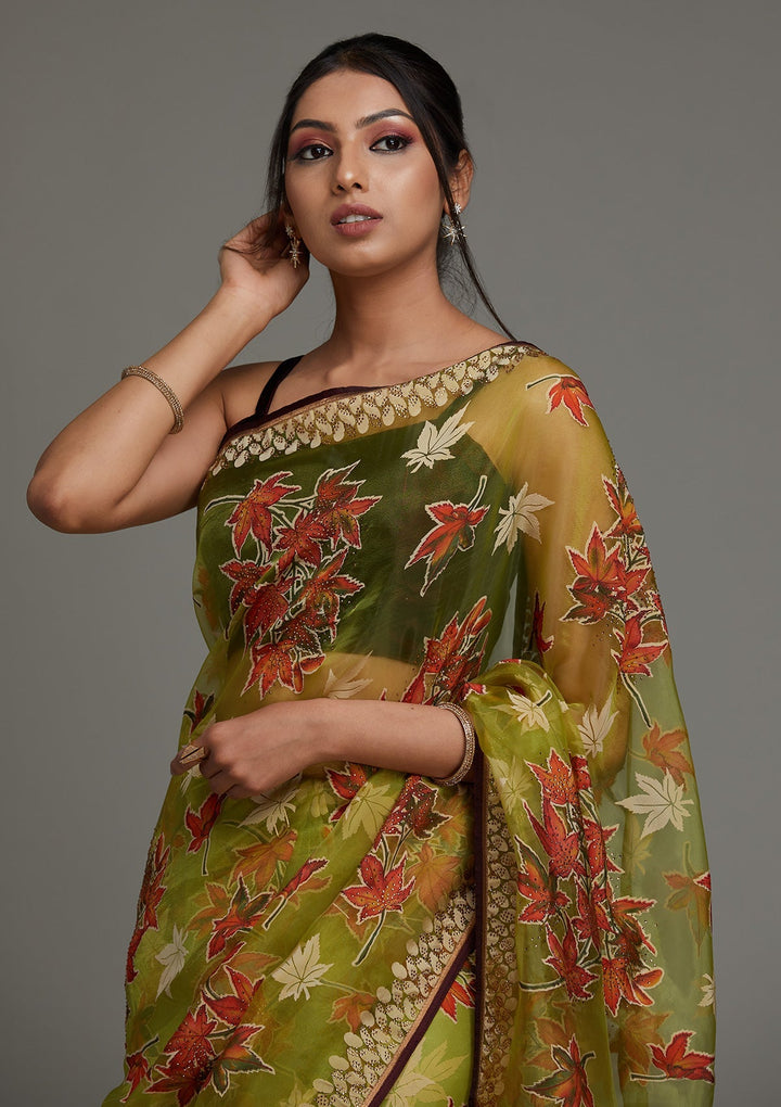 Parrot Green Swarovski Shimmer Saree - Koskii