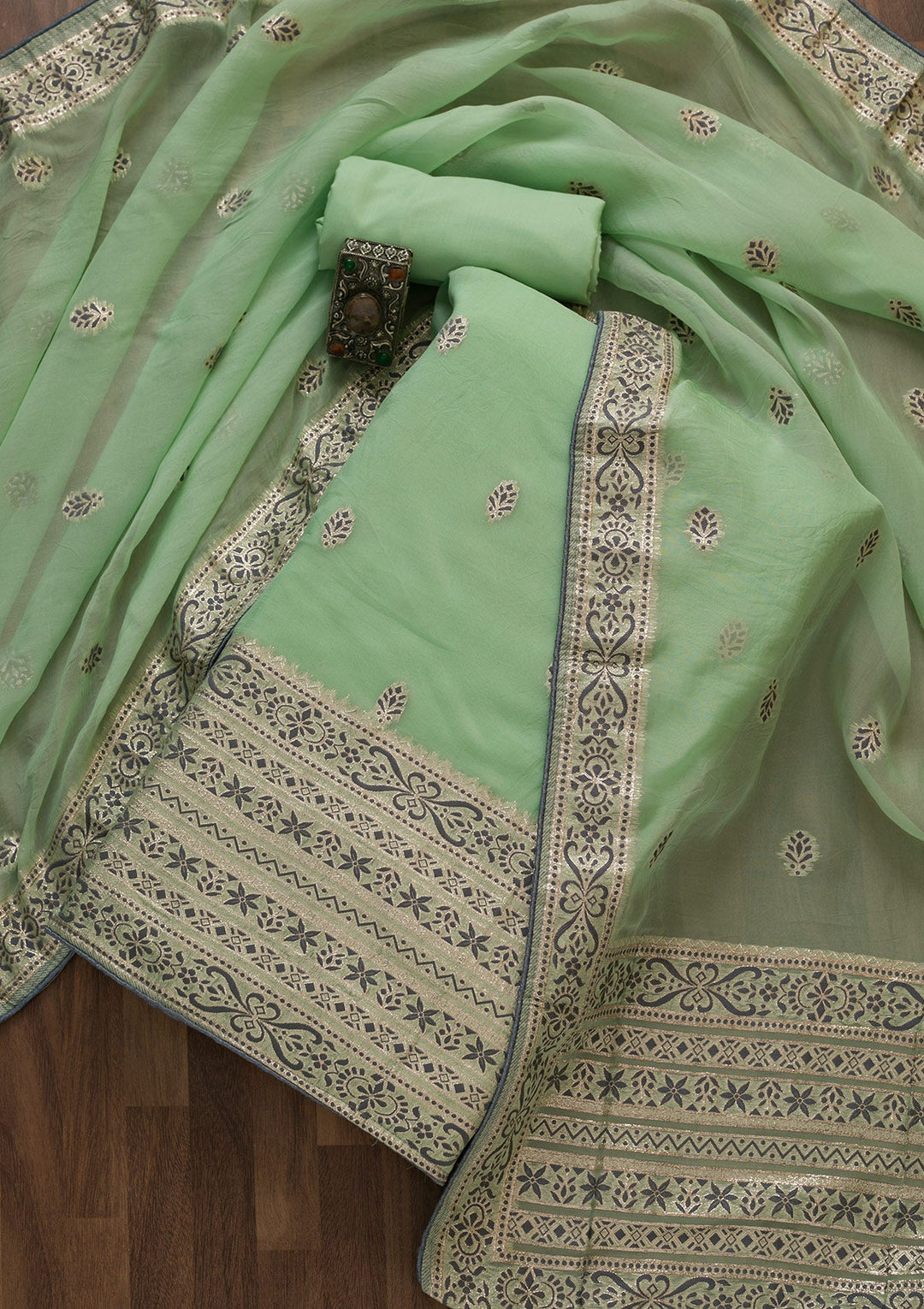Parrot Green Threadwork Cotton Unstitched Salwar Suit-Koskii