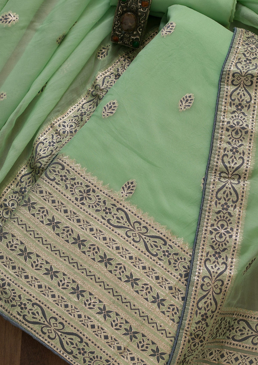Parrot Green Threadwork Cotton Unstitched Salwar Suit-Koskii