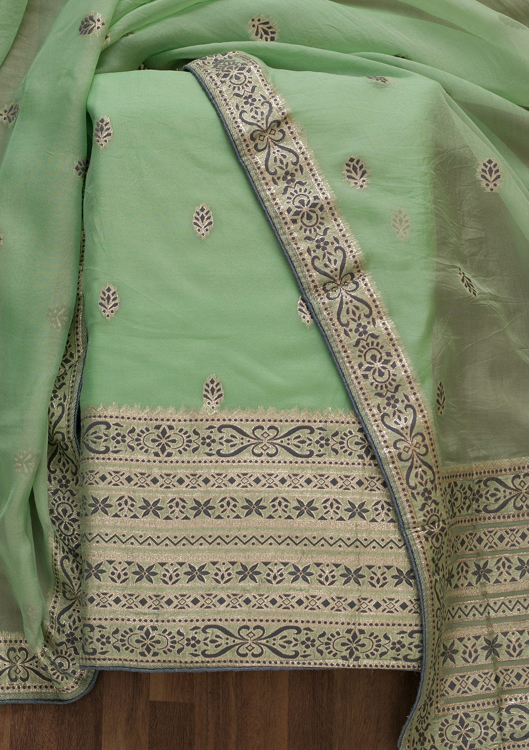 Parrot Green Threadwork Cotton Unstitched Salwar Suit-Koskii