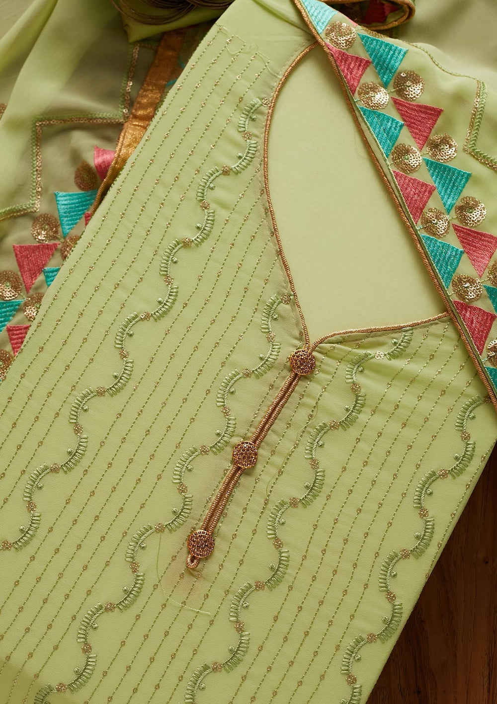 Parrot Green Threadwork Georgette Designer Unstitched Salwar Suit - koskii