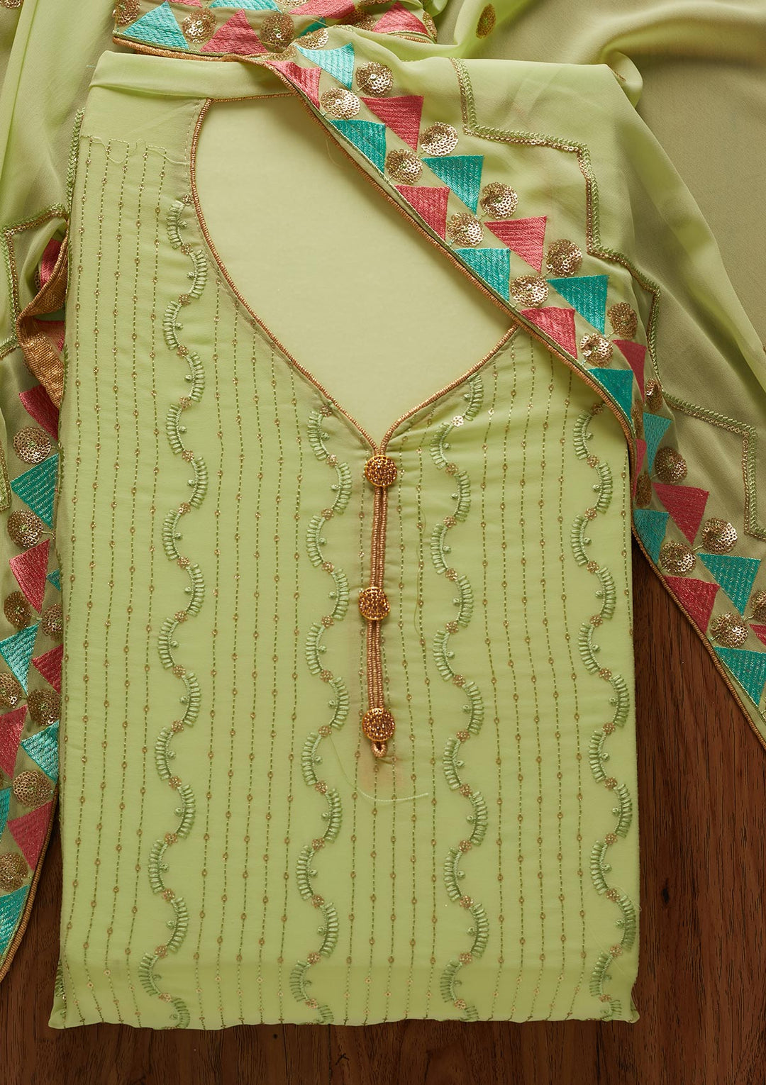 Parrot Green Threadwork Georgette Designer Unstitched Salwar Suit - koskii