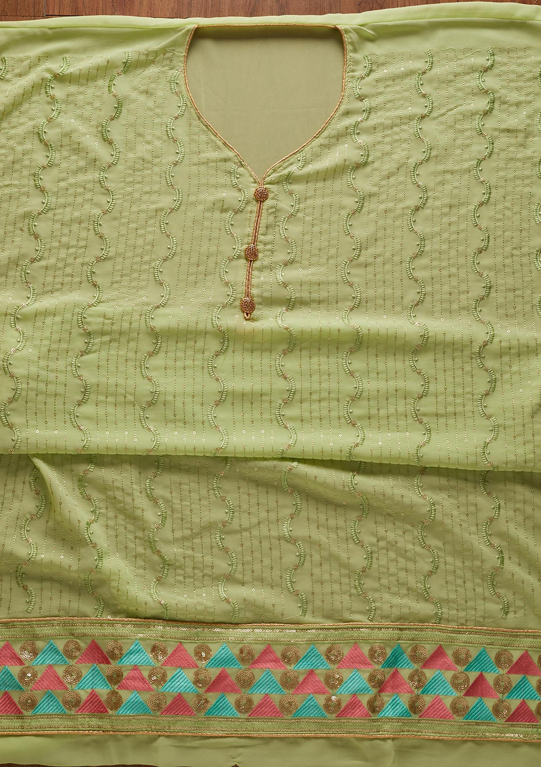 Parrot Green Threadwork Georgette Designer Unstitched Salwar Suit - koskii