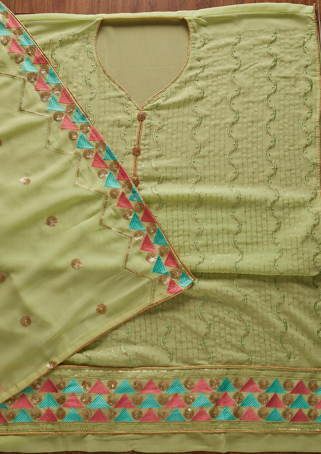 Parrot Green Threadwork Georgette Designer Unstitched Salwar Suit - koskii