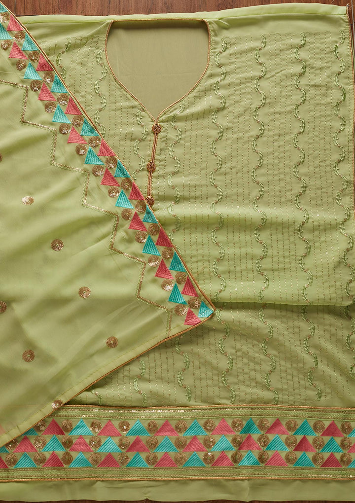 Parrot Green Threadwork Georgette Designer Unstitched Salwar Suit - koskii