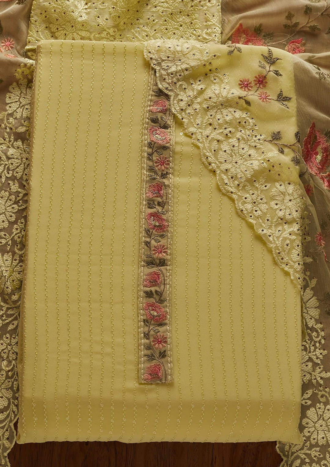Parrot Green Threadwork Georgette Designer Unstitched Salwar Suit - koskii