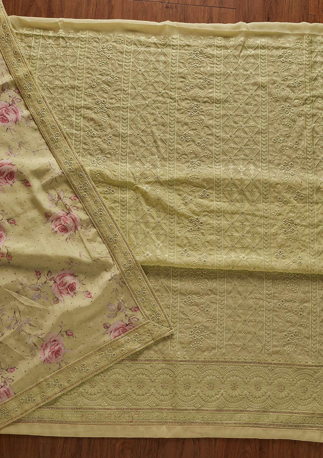 Parrot Green Threadwork Georgette Designer Unstitched Salwar Suit - koskii