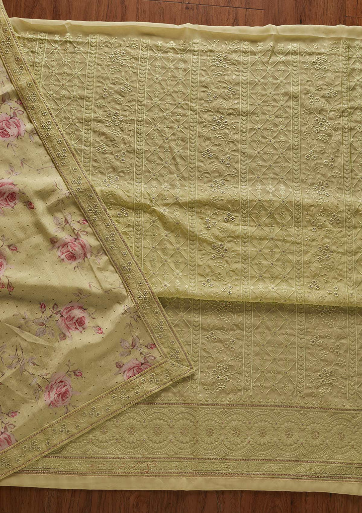 Parrot Green Threadwork Georgette Designer Unstitched Salwar Suit - koskii