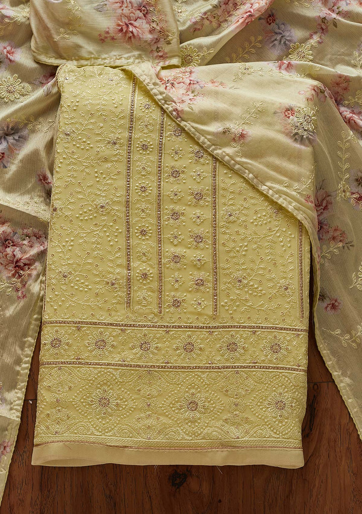 Parrot Green Threadwork Georgette Designer Unstitched Salwar Suit - koskii
