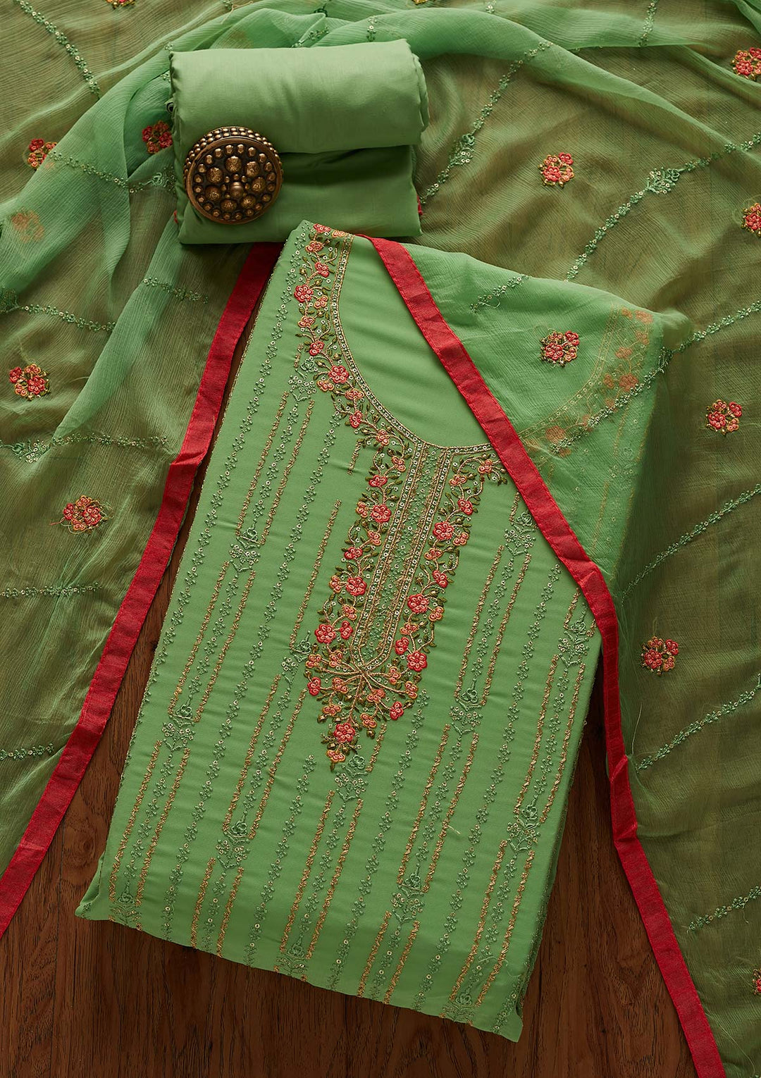Parrot Green Threadwork Georgette Designer Unstitched Salwar Suit - Koskii